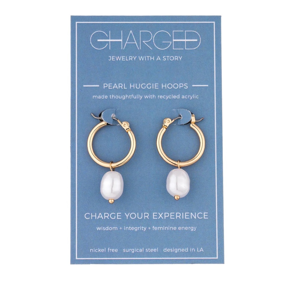 Charged Jewelry With A Story- Pearl Huggie Hoops - Picture 1 of 6